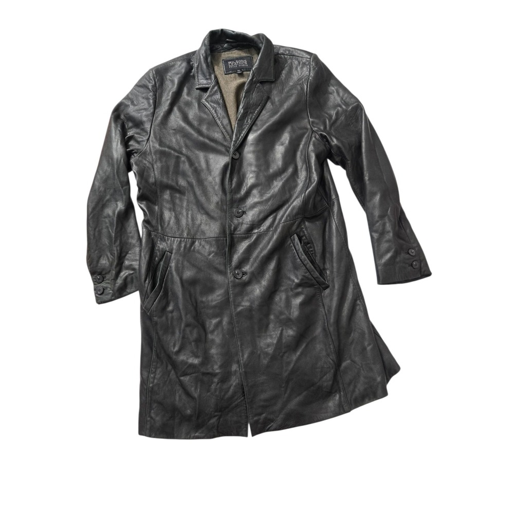 Wilsons Leather Jacket Mens XL Black Button Up Long Coat Pelle Studio Classic